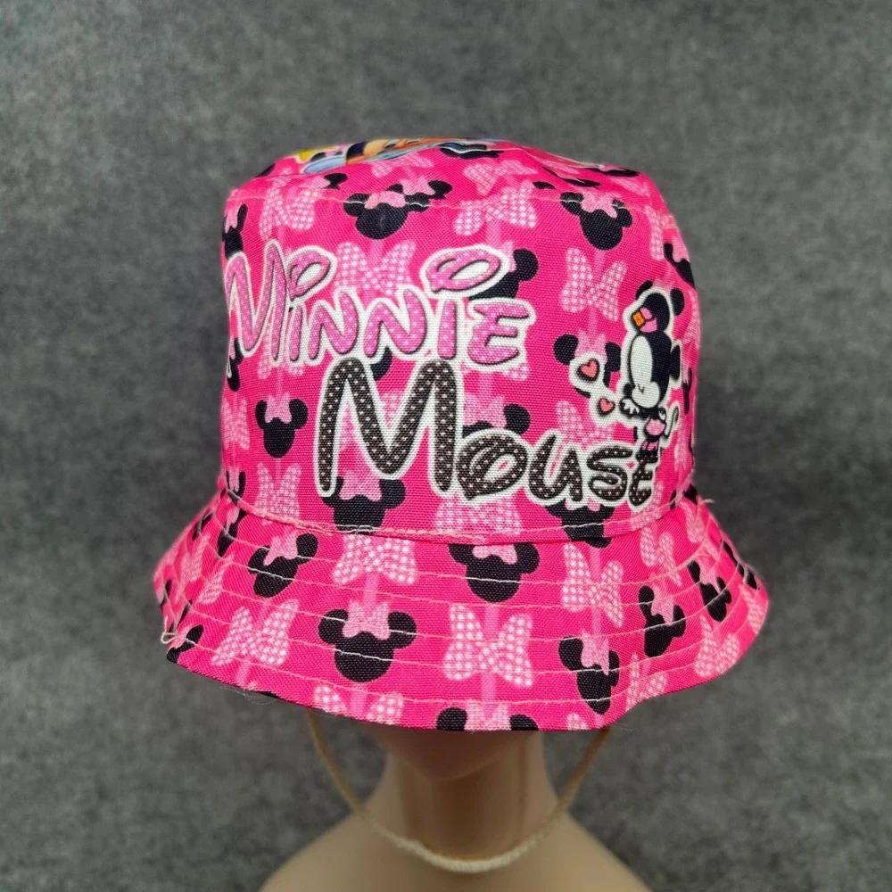 Disney Girls Minnie Mouse Bucket Hat OS Pink All Over Print Chin Strap